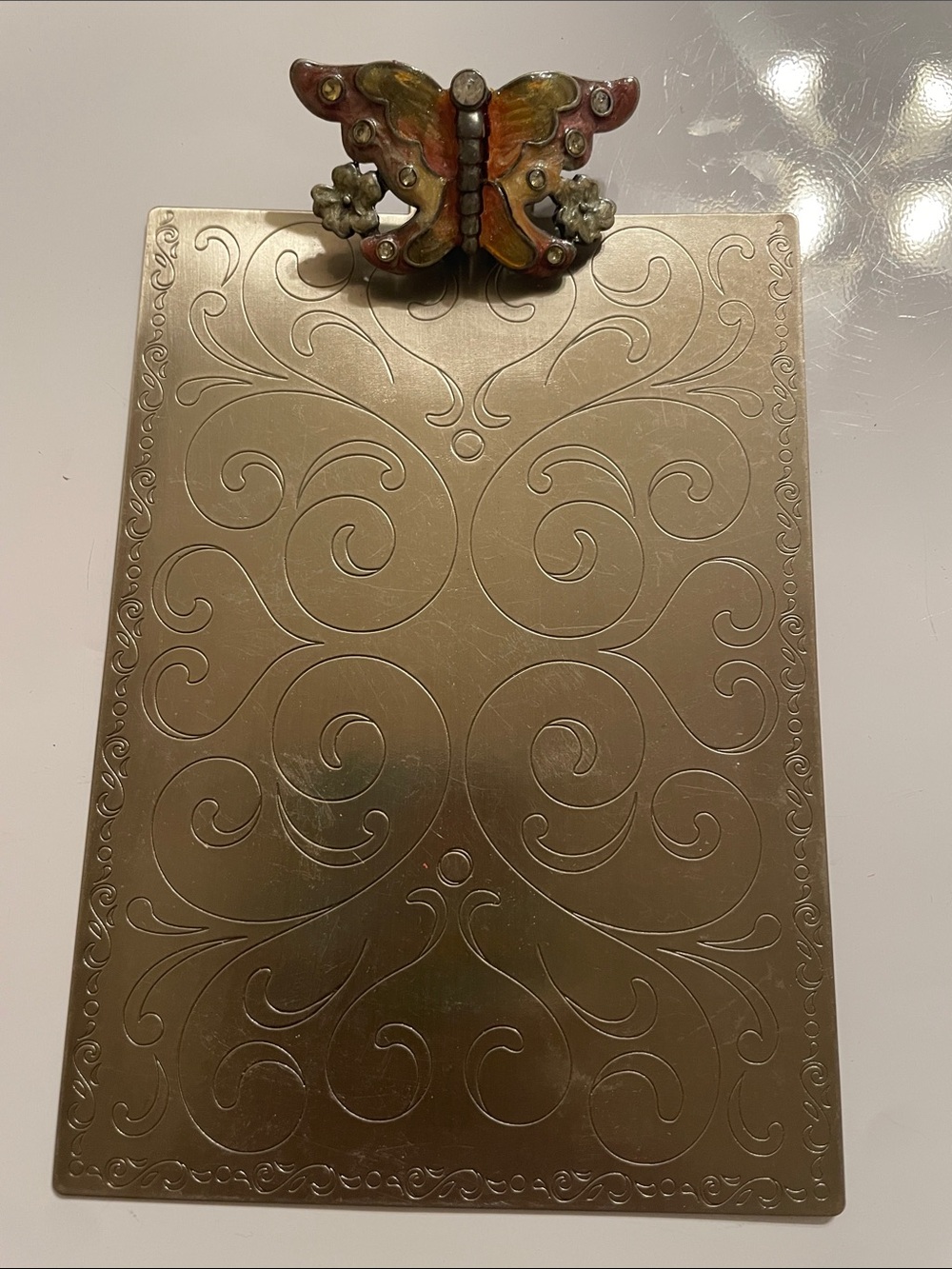 Vintage 1990’s Enamel & Rhinestone Butterfly and Brass Tone Clipboard